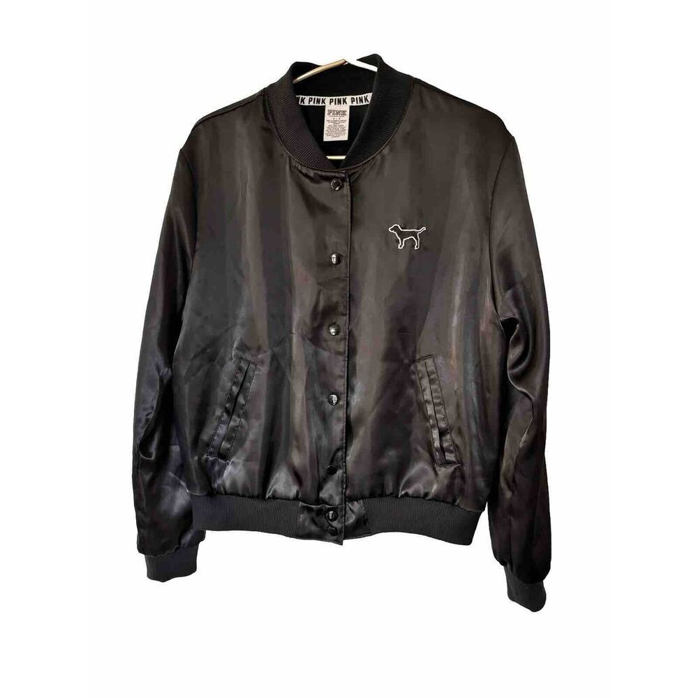 Victoria Secret Satin Pink Jacket Black Size Small Snap up Silky Varsity Elastic - Picture 2 of 3